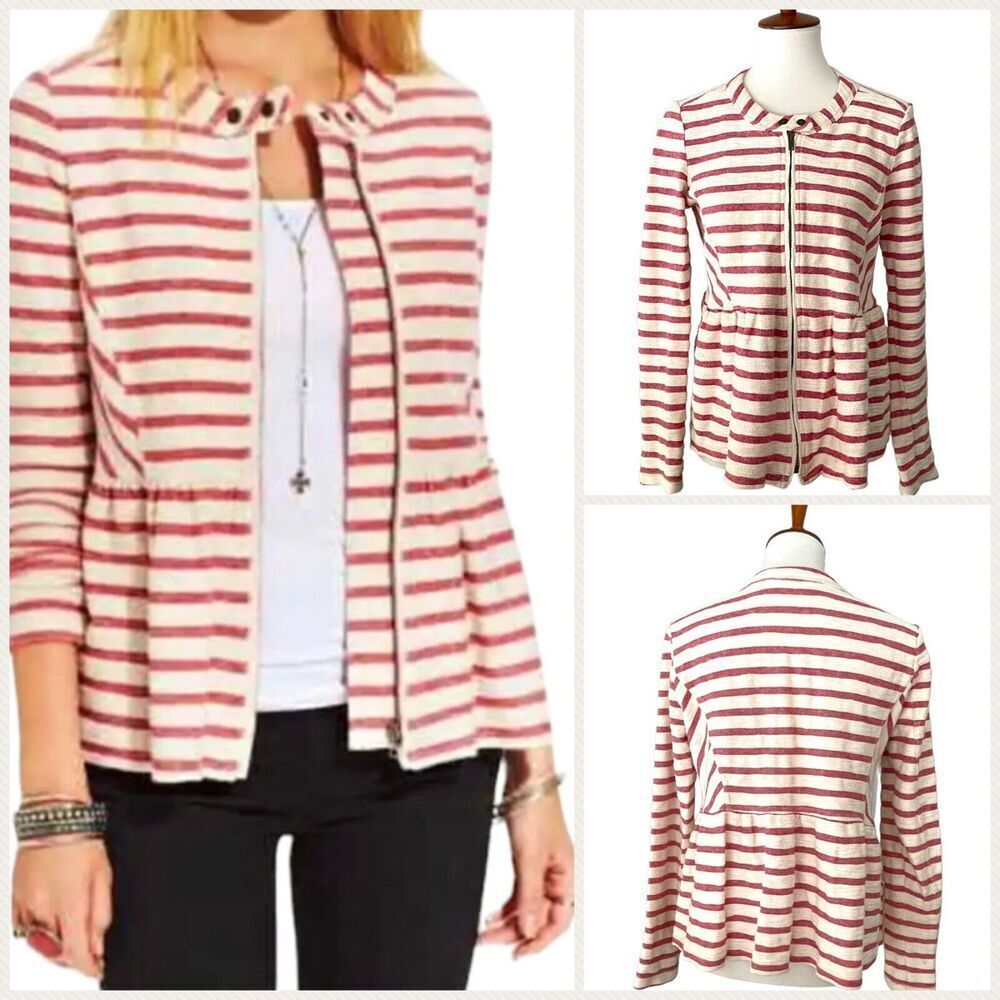 Free People Women's White Red Stripe Long Sleeve Full Zip Peplum Jacket SMALL